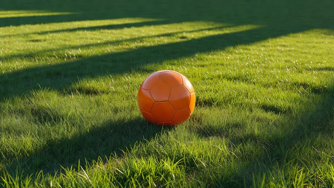 Bright orange soccer ball on sunlit grass with long shadows