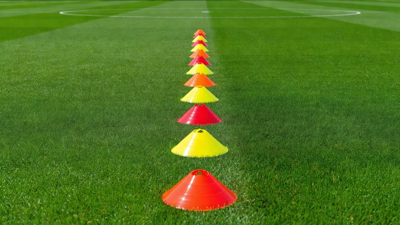 Bright training cones arranged in an ascending ladder on a vivid pitch