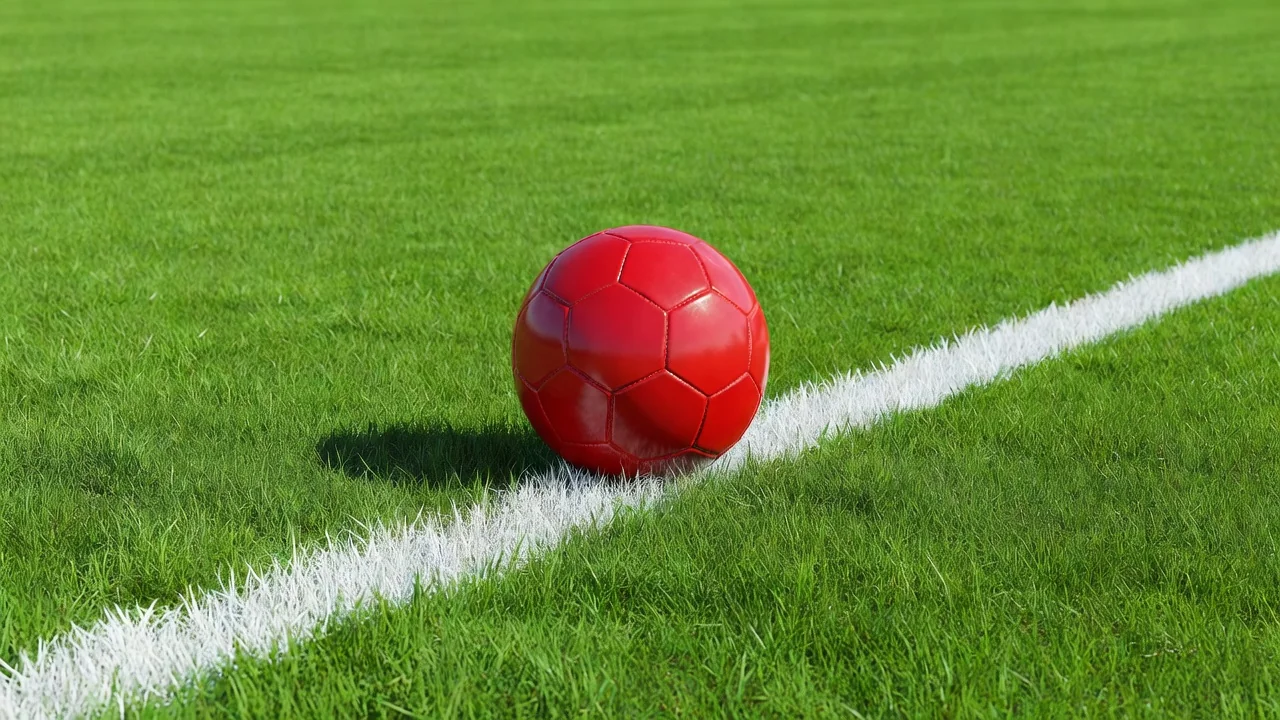 Vivid red soccer ball resting on a bright green pitch beside a white line