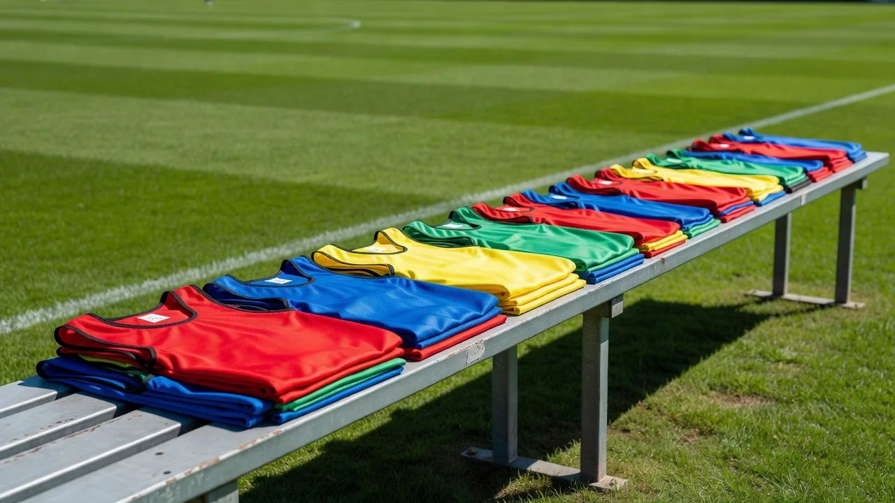 Empty substitutes bench with plain colourful training bibs folded on it