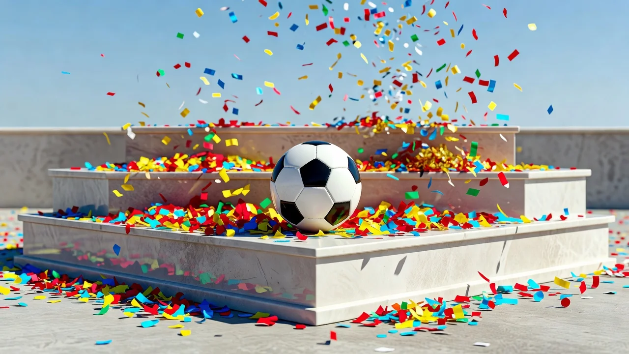 Soccer ball on the first step of a winners podium with bright confetti