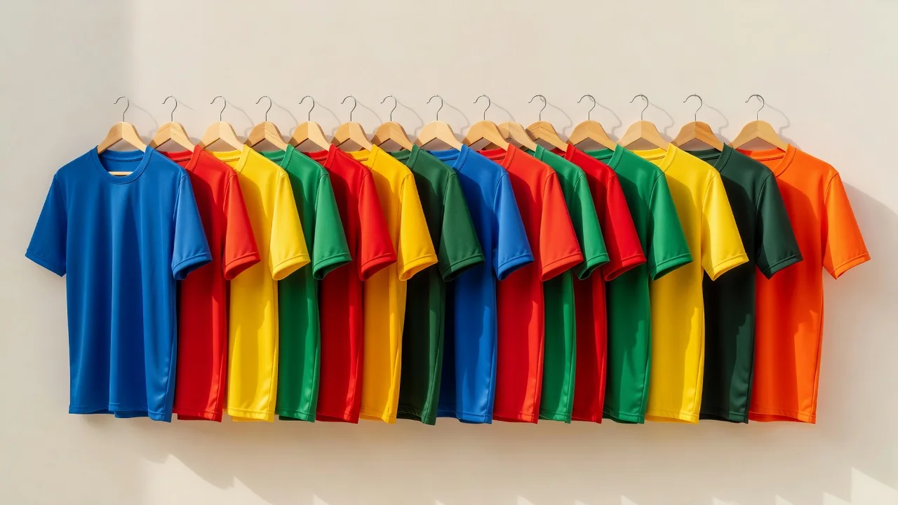 Row of plain colourful football jerseys hanging on wooden hangers against a bright wall