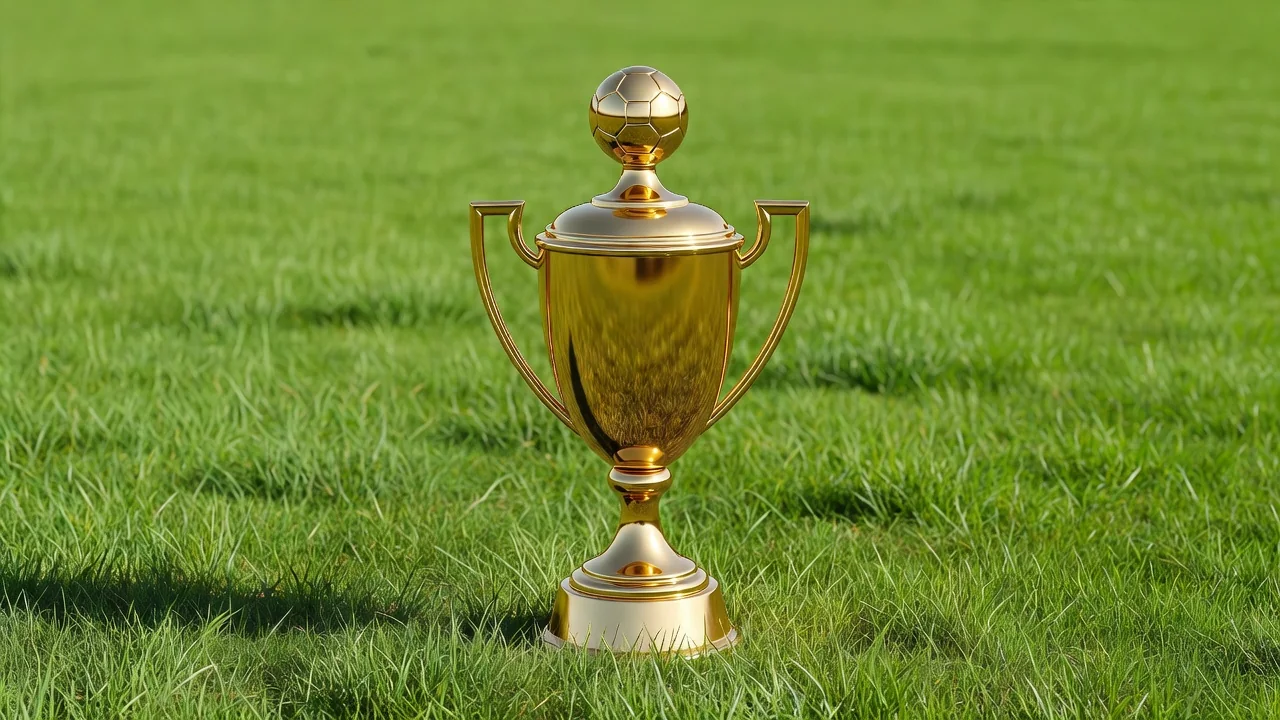 Golden football trophy standing on bright sunlit grass