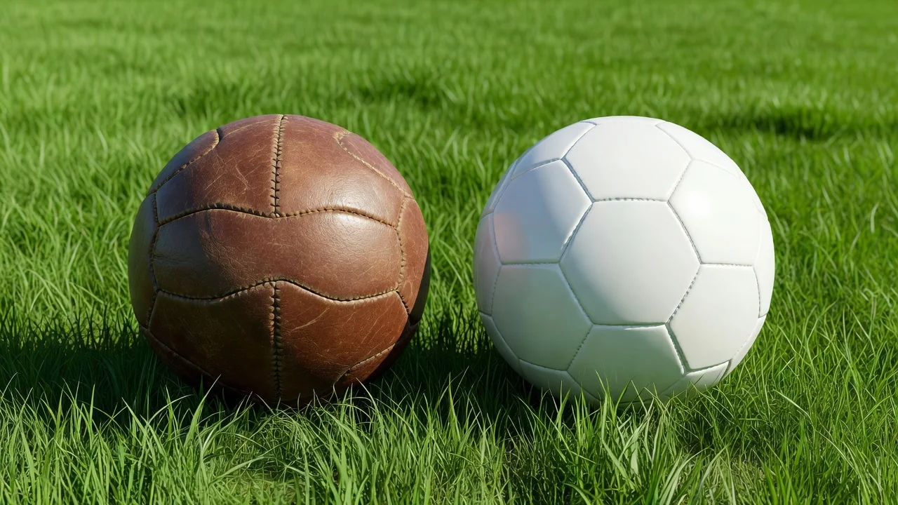 Vintage brown leather soccer ball next to a modern white ball on vivid grass
