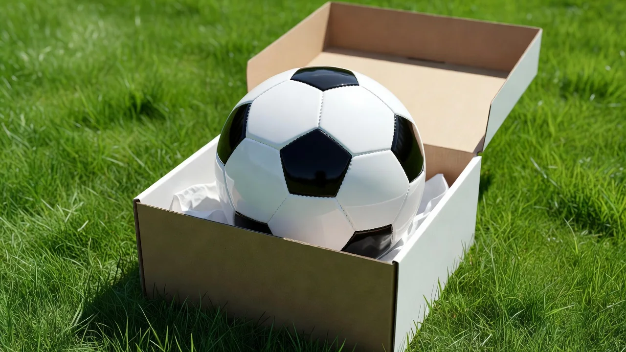 Brand new shiny soccer ball in an open gift box on bright grass