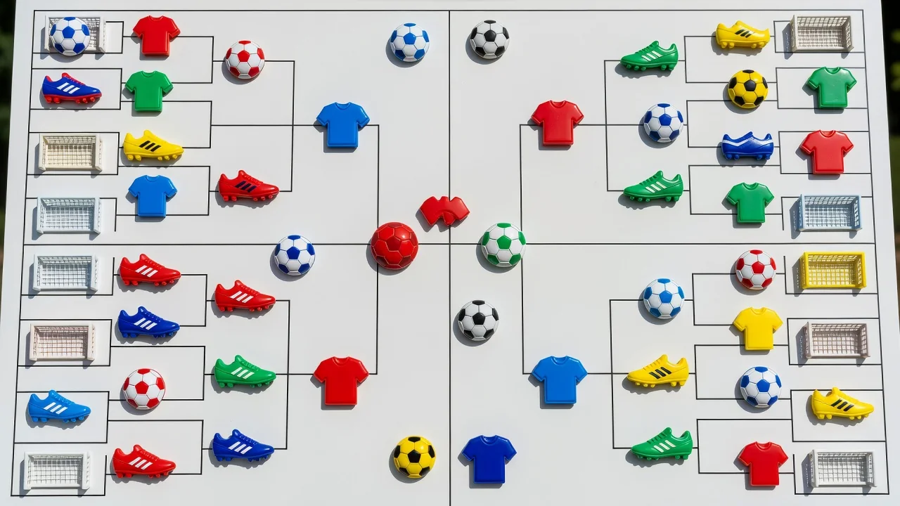 Large blank tournament bracket board with colourful pins and magnets, no text