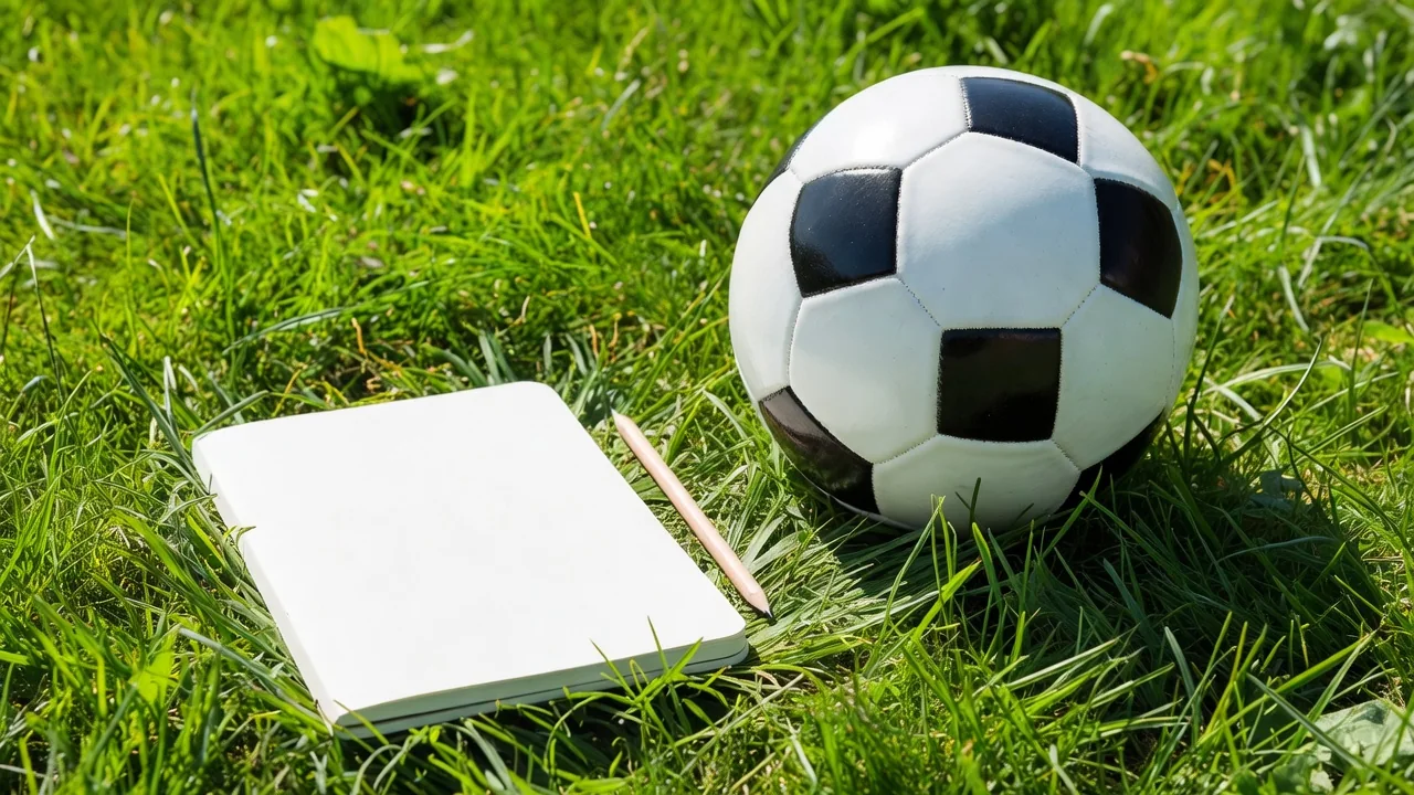Blank tactics notebook with a pencil beside a soccer ball on bright grass