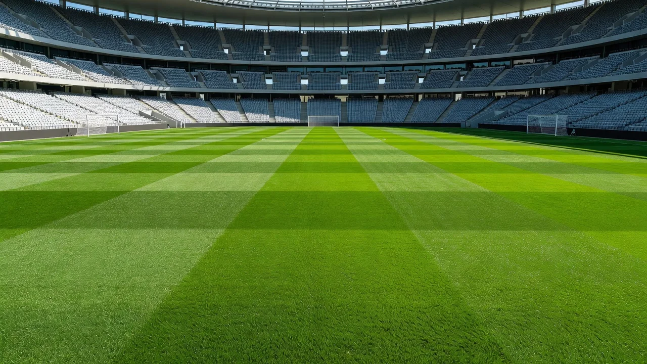 Empty modern football stadium bowl with vivid green pitch in bright daylight